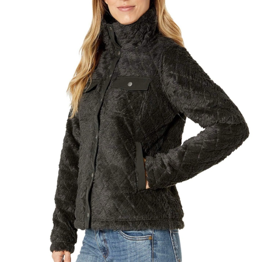 Marmot Janna Fleece Jacket Women 6 Black Faux Fur Snap Front Neck Pockets Cozy